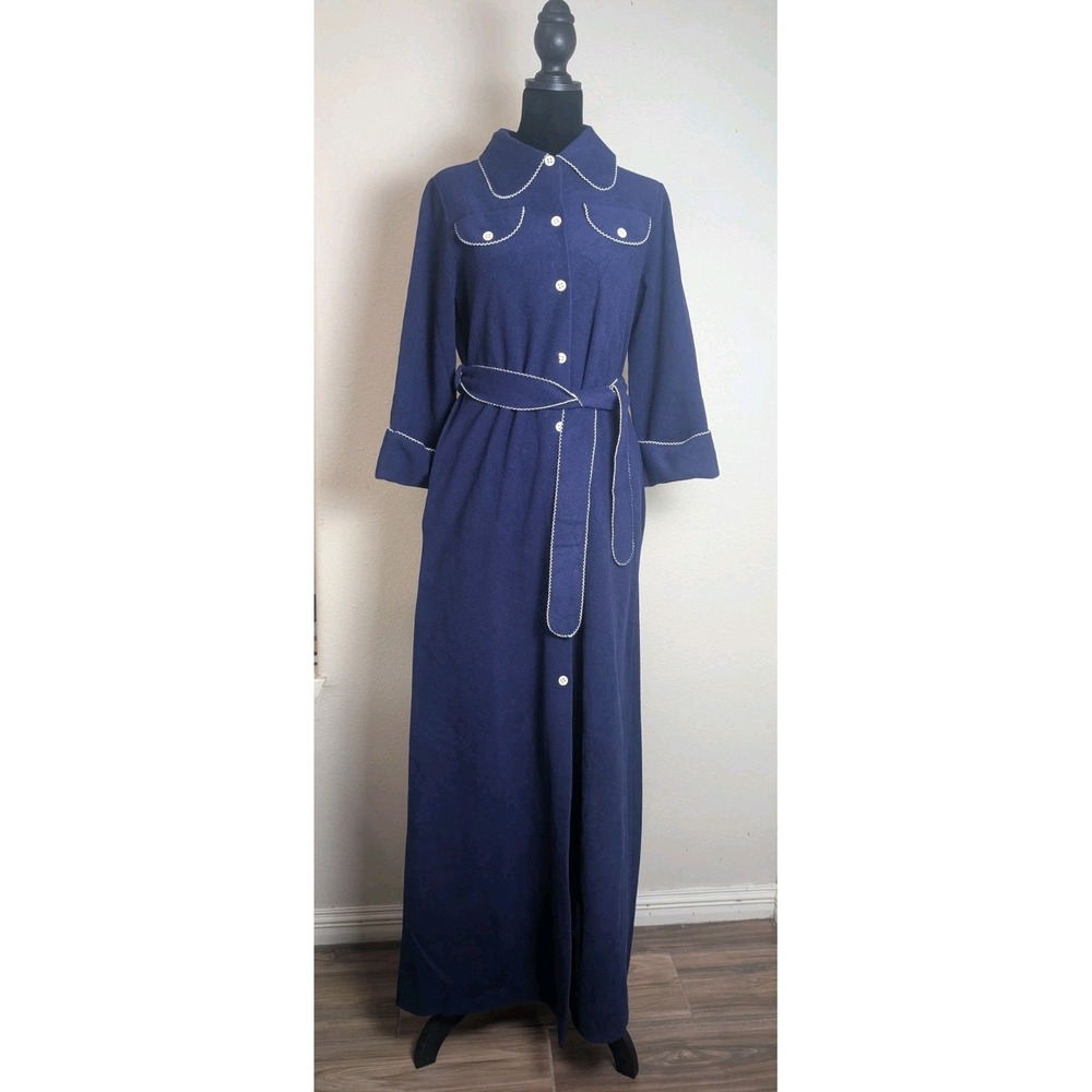 Vintage Vassarette Navy Maxi Sleep Gown Made in USA Belted Long Sleeve Retro SzM